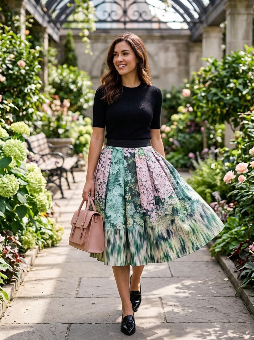 Ted Baker Ovald Glitch Floral Pleated Skirt S: 3 US 8 Pink Green Full Glee Quinn